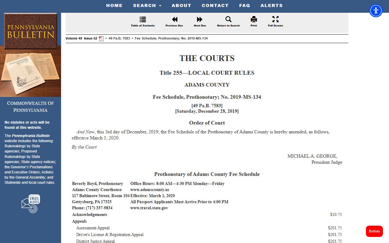 Adams County Prothonotary fee schedule dissolution of marriage records