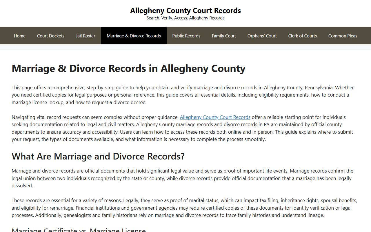 Allegheny County marriage and divorce records dissolution of marriage