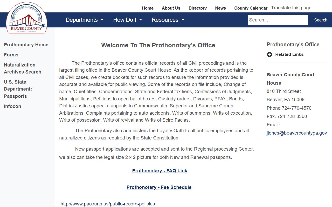 Beaver County Prothonotary dissolution of marriage records office