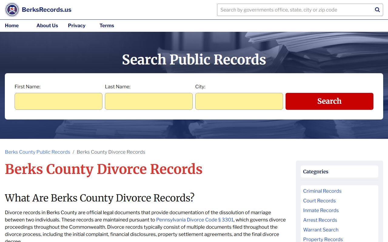 Berks County divorce records dissolution of marriage Prothonotary Reading