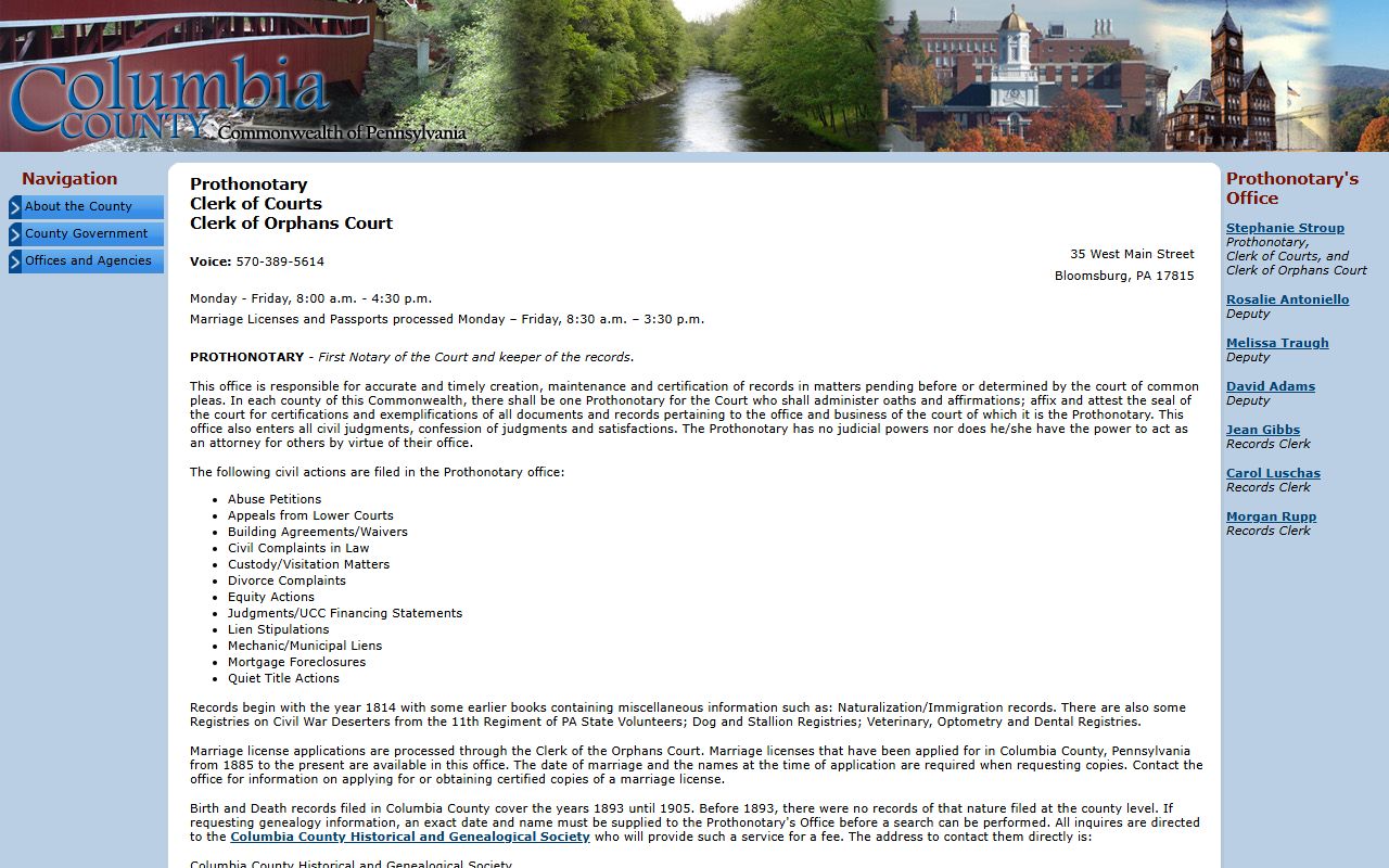 Columbia County dissolution of marriage Prothonotary office Bloomsburg PA