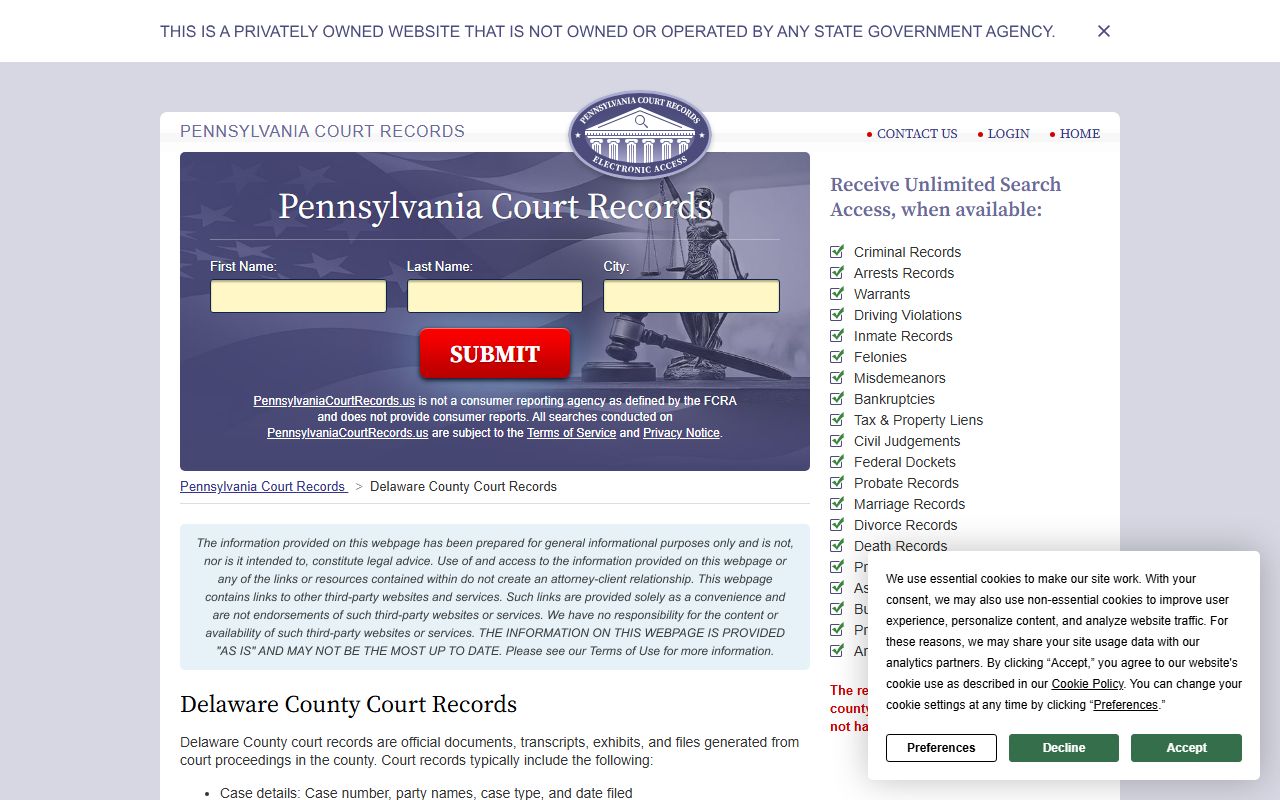 Delaware County dissolution of marriage court records search portal