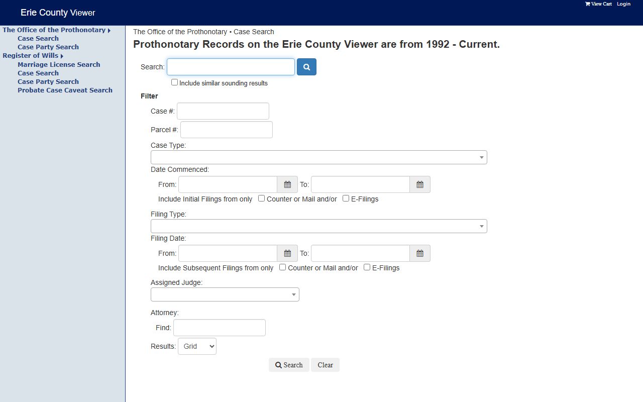 Erie County dissolution of marriage Prothonotary case search portal Erie PA