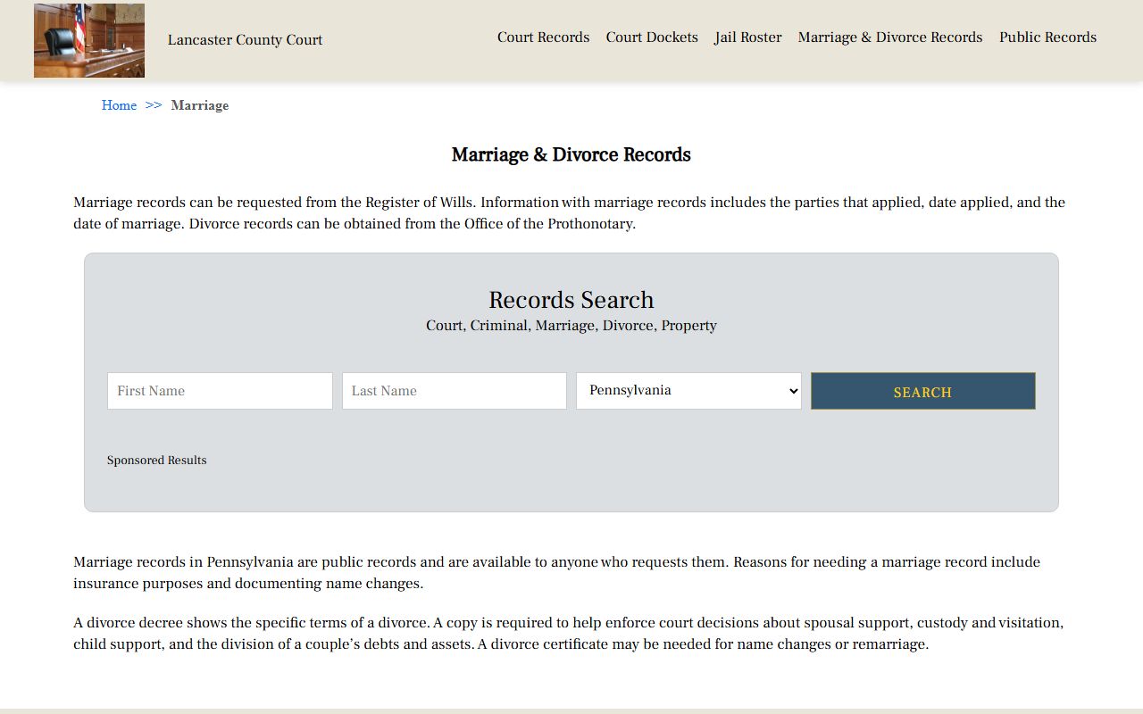 Lancaster County dissolution of marriage and divorce records office