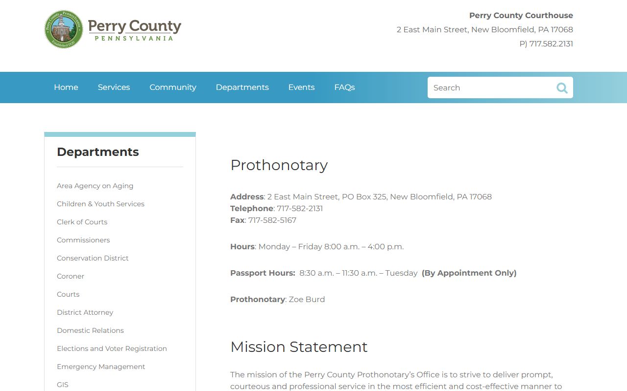 Perry County Prothonotary dissolution of marriage records New Bloomfield PA