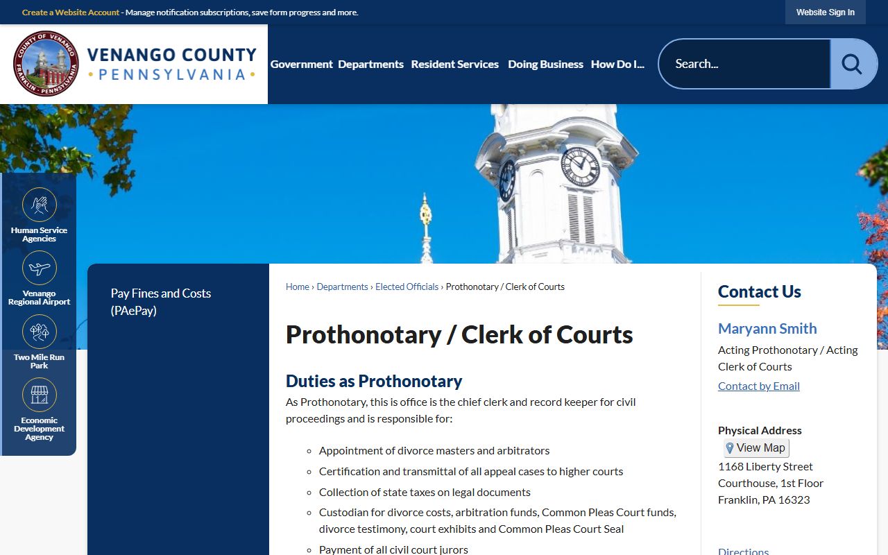 Venango County Prothonotary dissolution of marriage records Franklin PA